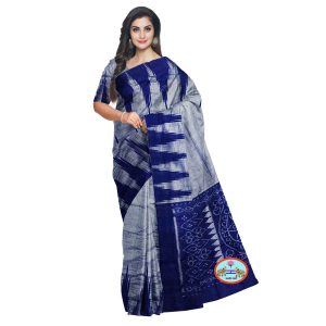 Cottonsilk & Khanduapata Women Sambalpuri Cotton Saree Without Blouse Blue & White 