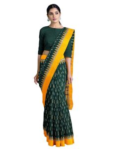 ODISHA HANDLOOM pure cotton ikat sambalpuri handwoven GREEN WITH YELLOW SMAL DESIGN PATA DHAIsaree for women 