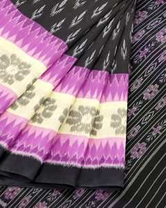  Handloom Saga Sambalpuri Ikat Cotton Saree of 7D design Black colour with traditional Purple colour ikat border For Women