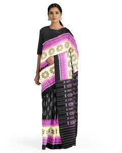  Handloom Saga Sambalpuri Ikat Cotton Saree of 7D design Black colour with traditional Purple colour ikat border For Women