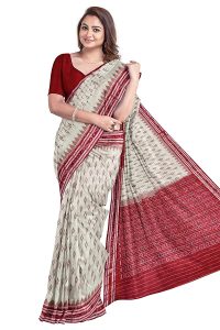 BHS NUAPATANAPATA Women's Odisha Handloom Handmade Pure Cotton Saree Khandua Ikkat Sambalpuri Saree Ethnic Wear Traditonal Saree/Handloom Saree Without Blouse Piece 