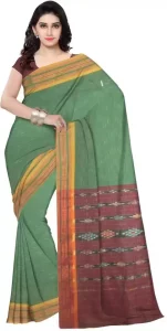 Striped Sambalpuri Pure Cotton Saree  (Green)