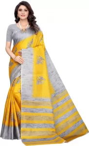 Printed Sambalpuri Cotton Silk Saree  (Yellow, Grey)