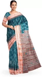 COTTONSILK & KHANDUAPATA Printed Sambalpuri Pure Cotton Saree  (Blue, Green)