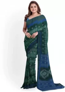 Printed Sambalpuri Cotton Blend Saree  (Blue, Green)