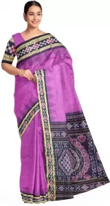 Printed Sambalpuri Pure Cotton Saree  (Purple)