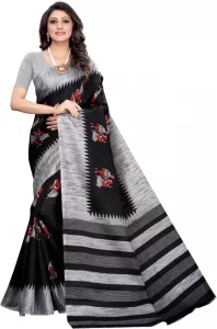 Printed Madhubani Cotton Silk Saree  (Black)