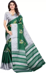 Printed Sambalpuri Cotton Silk Saree  (Dark Green, Grey)