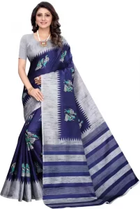 Printed Madhubani Cotton Silk Saree  (Dark Blue)