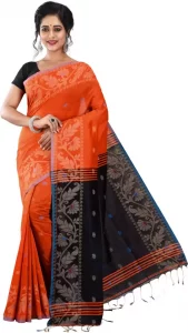 Applique, Embroidered, Hand Painted, Striped, Floral Print, Embellished, Self Design, Color Block Sambalpuri Handloom Cotton Blend, Cotton Silk Saree (Orange, Black)