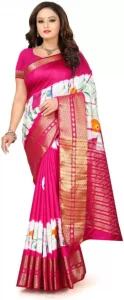 Floral Print Sambalpuri Nylon Blend Saree  (Pink, White)