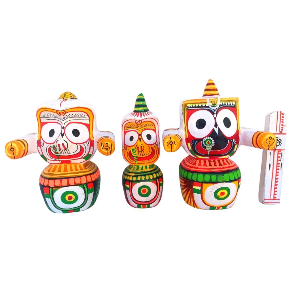 INSPIRING LIFES Lord Jagannath,Balaram,Subhadra Wooden Idol Murti for Puja Puri Temple Design (Includes Sudarshan) (Medium 6 Inch)