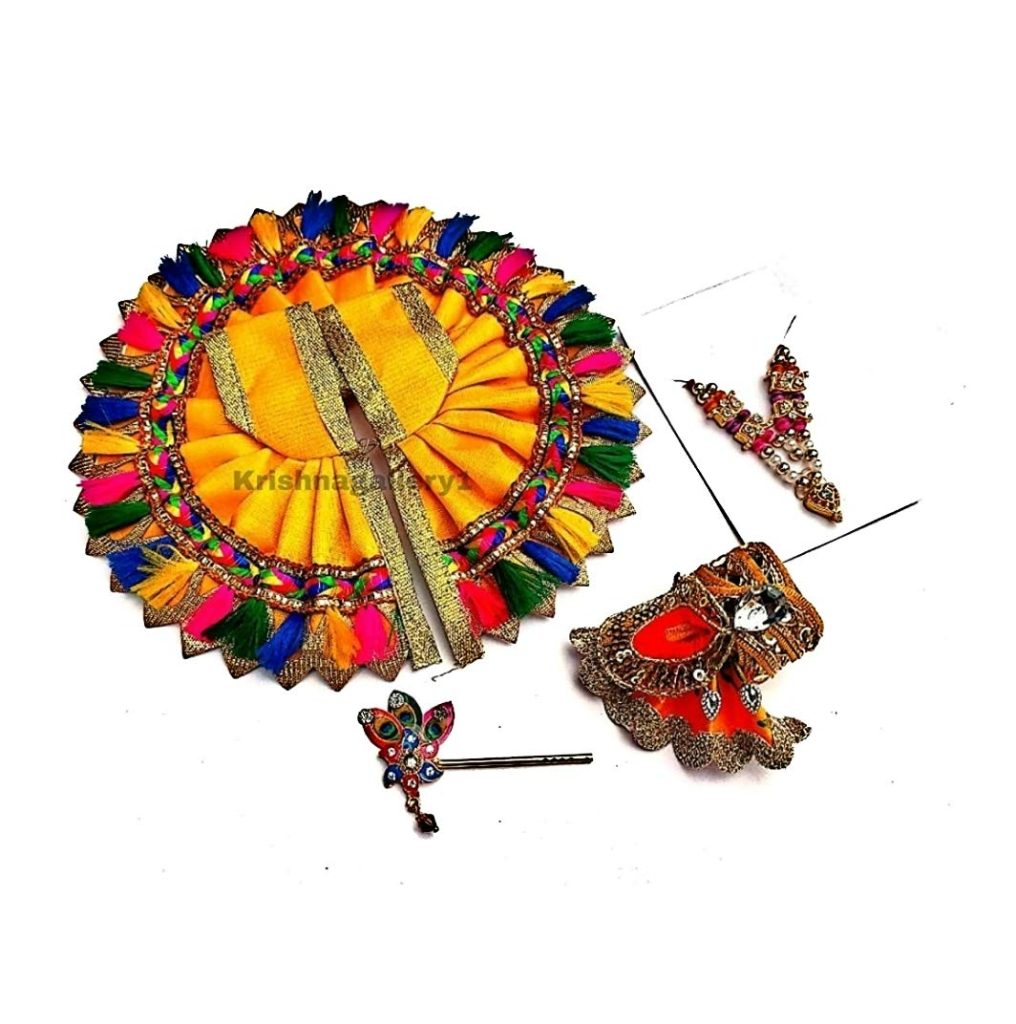 Laddu Goapl Kanha ji Dress Poshak Combo Set Yellow Color with Pagdi Mala Bansuri 