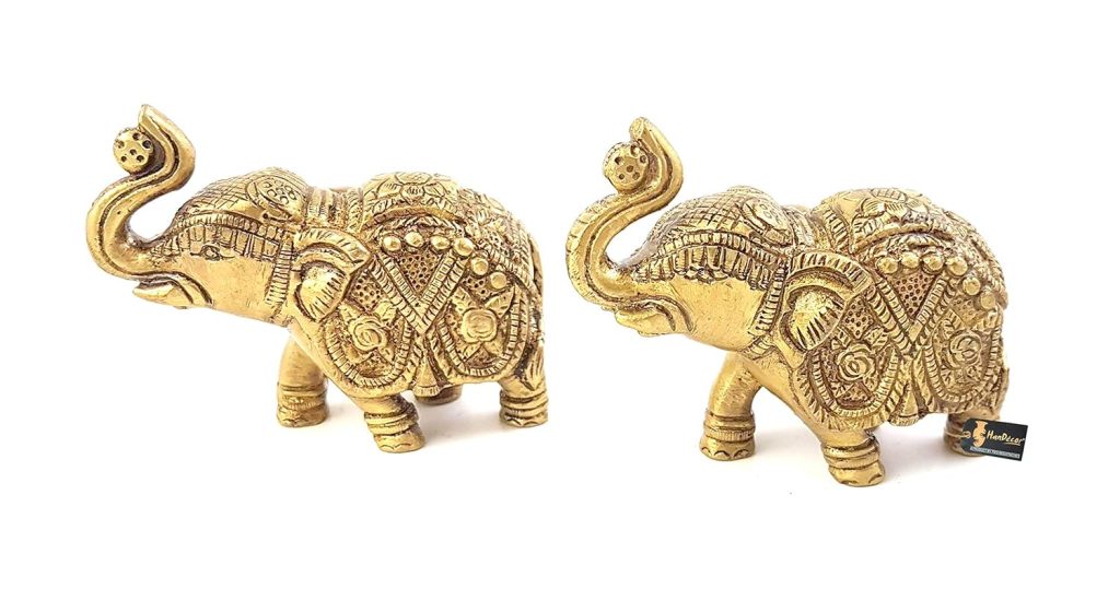 Two Moustaches Handmade Ethnic Indian Brass Elephant Pair Decor Showpiece