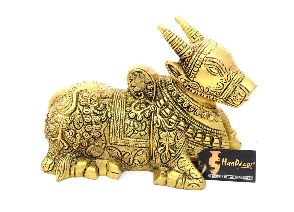 Two Moustaches Sitting Nandi Cow Brass Statue