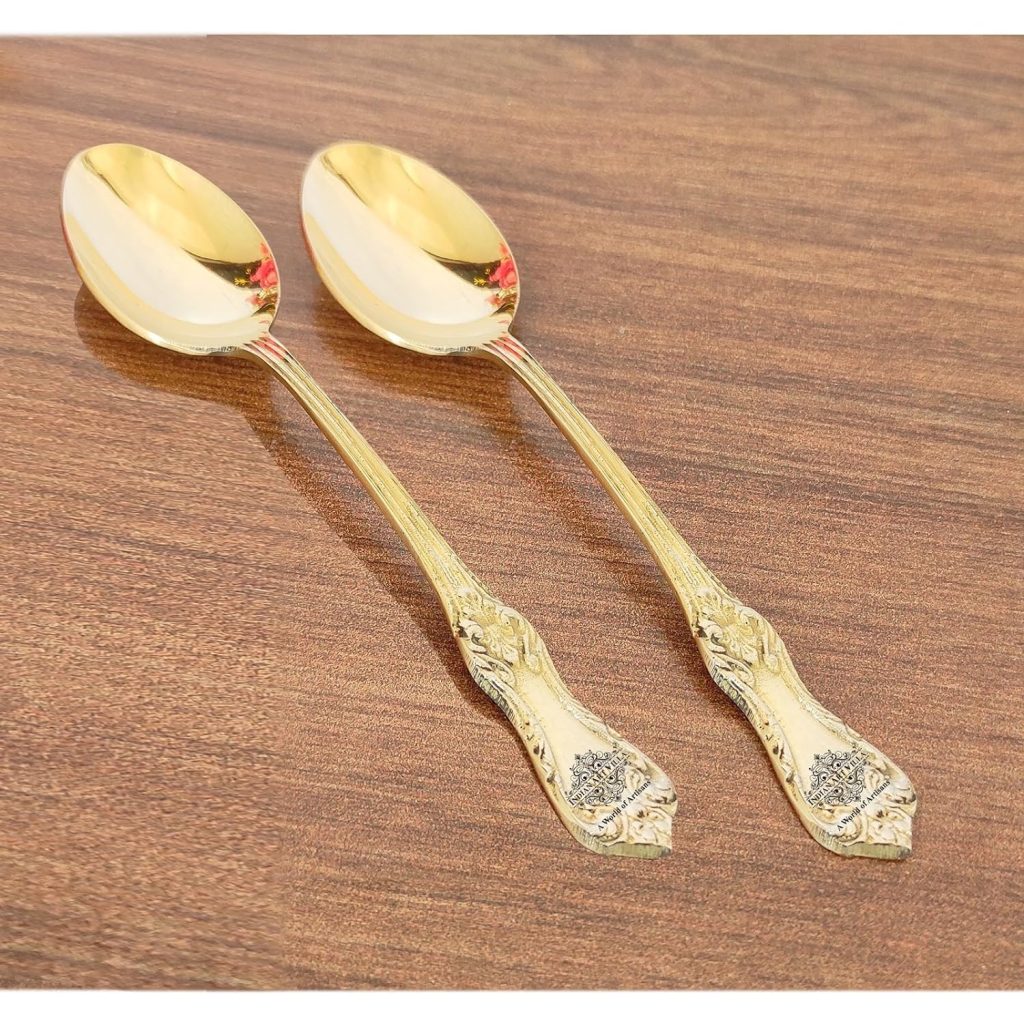INDIAN ART VILLA Brass Designer Spoon for Home and Hotel Pack of 2