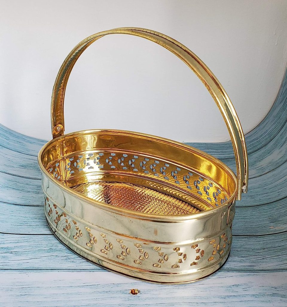 India Brass Traditional Oval Shaped Pooja Basket (Size 7.5x3)