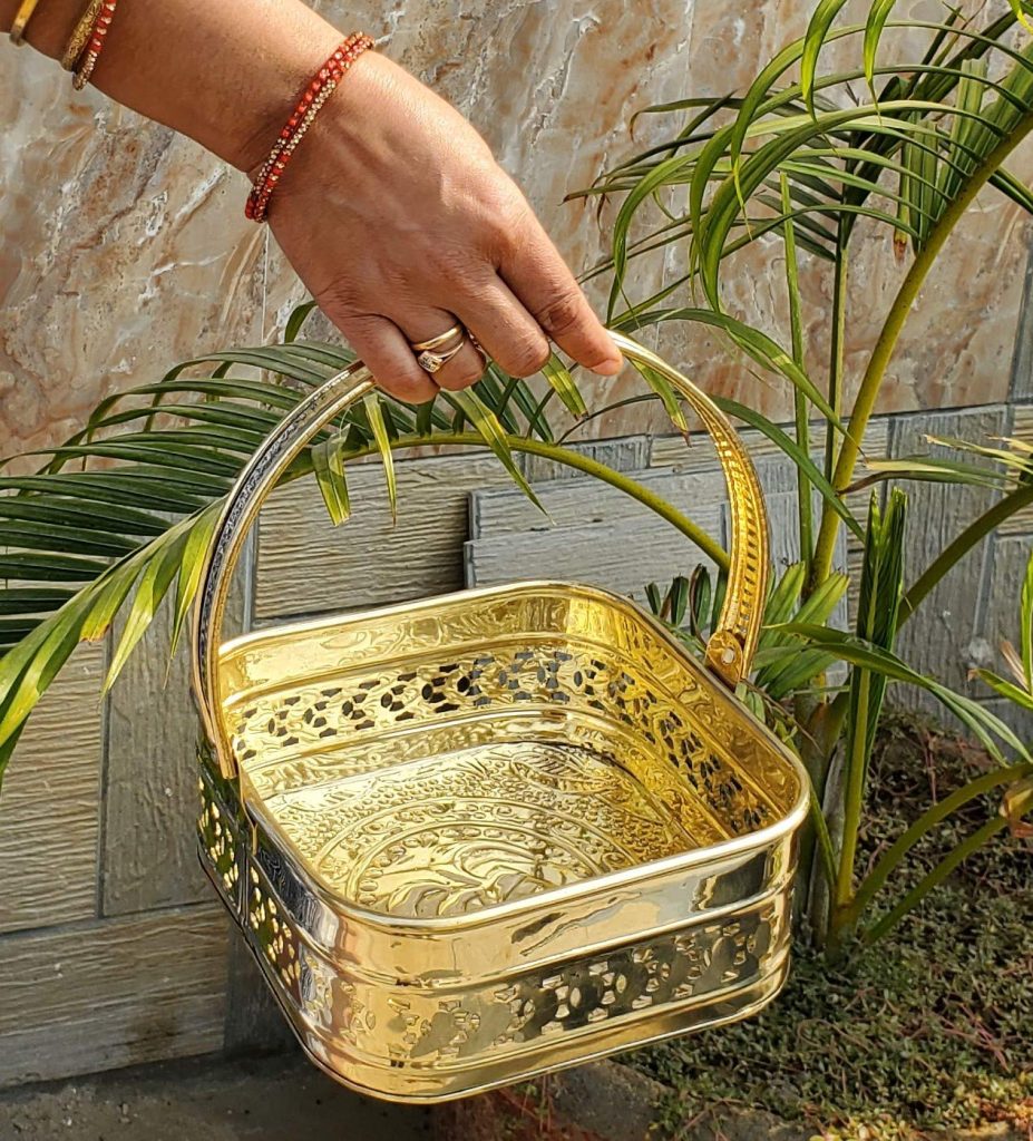 Pure Source India Brass Traditional Squire Shaped Pooja Basket