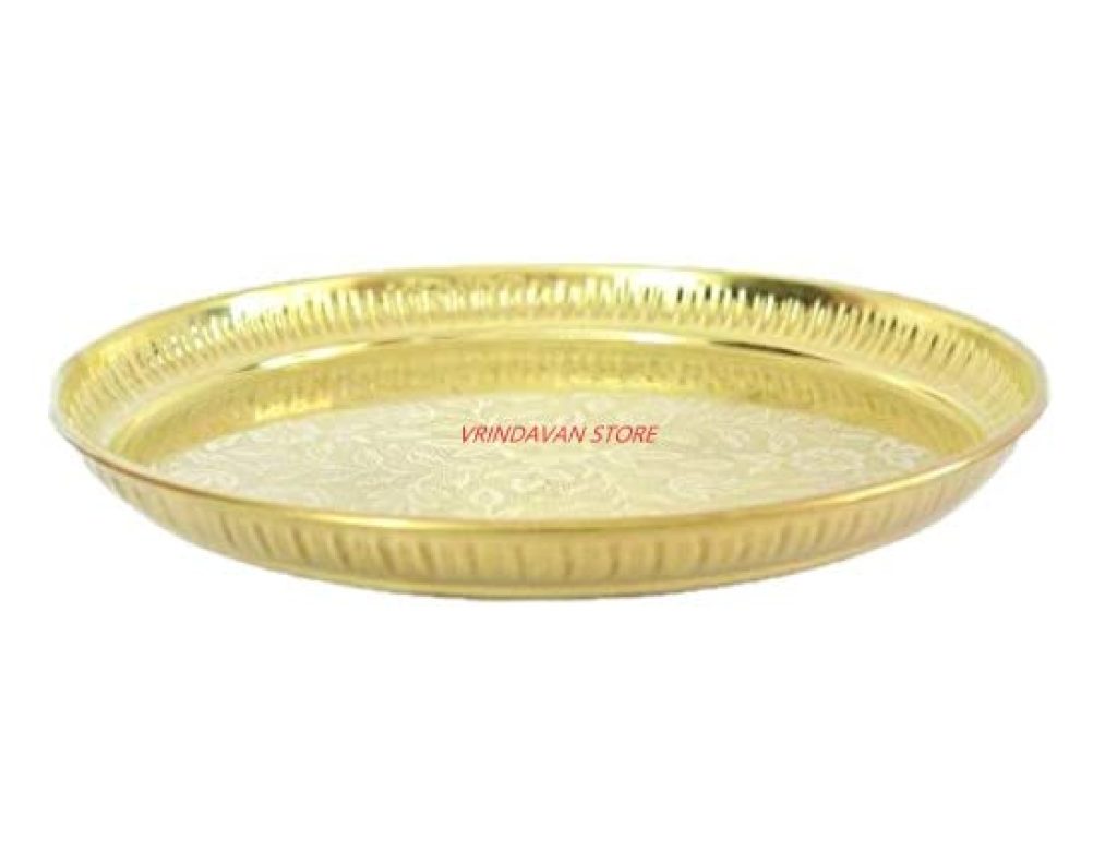  Vrindavan Store Pure Brass Flower Embossed Design Pooja Plate (6 Inch Diamete