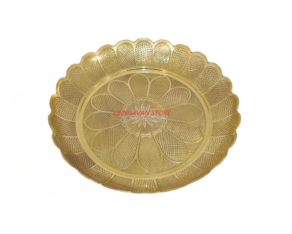 Vrindavan Store Pure Brass Flower Embossed Designing Pooja Plate