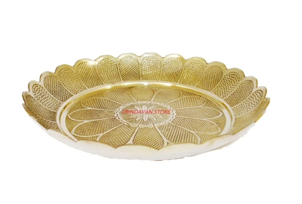 Vrindavan Store Pure Brass Flower Embossed Designing Pooja Plate