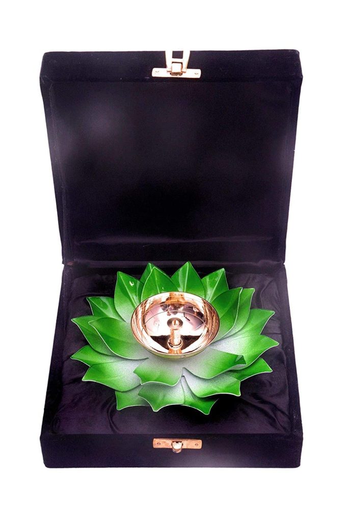 Copper Maker Store Brass and Metal Lotus Design Diya Specially Made for Gifting Purpose Apple Green