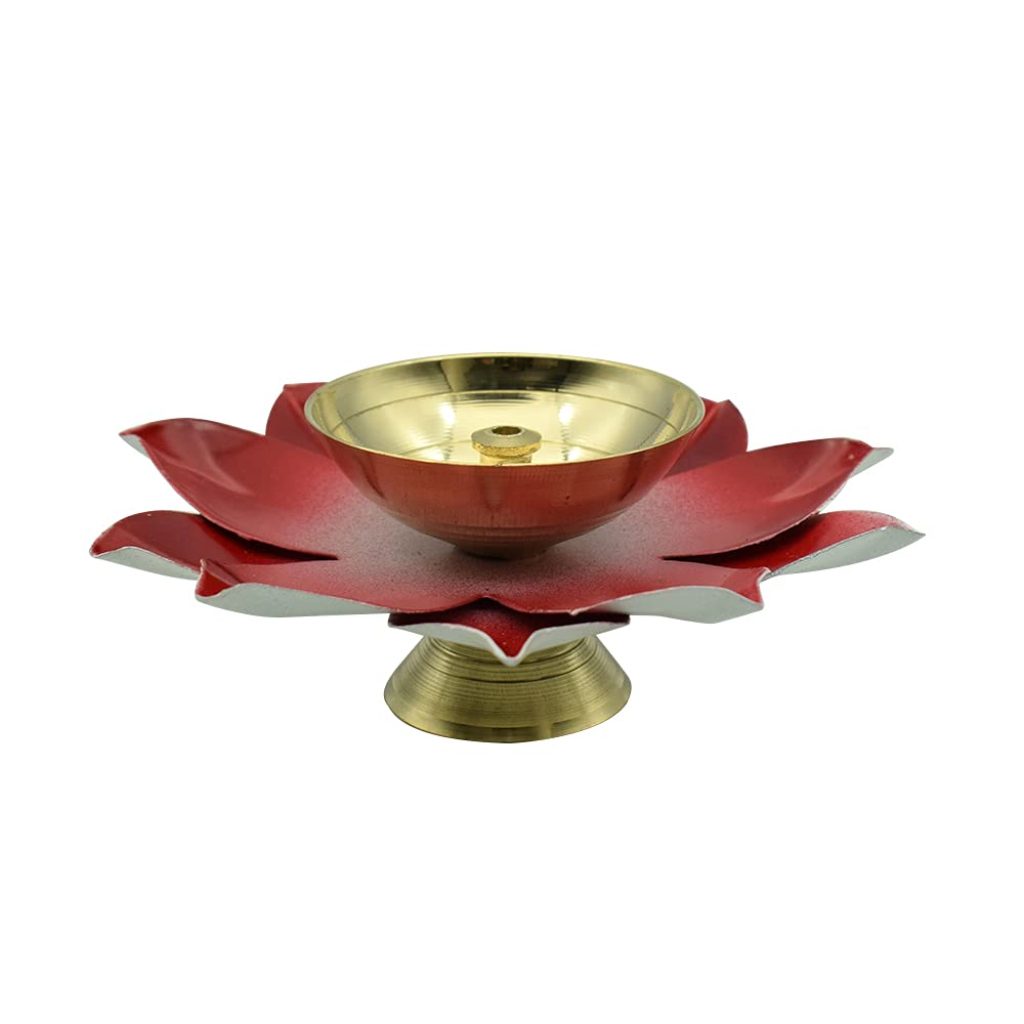  Dalvkot Red Color Kamal Patta Lotus Design Brass Diyas Oil Lamps for Puja Room Decoration and Diwali Festival Pack of 4 