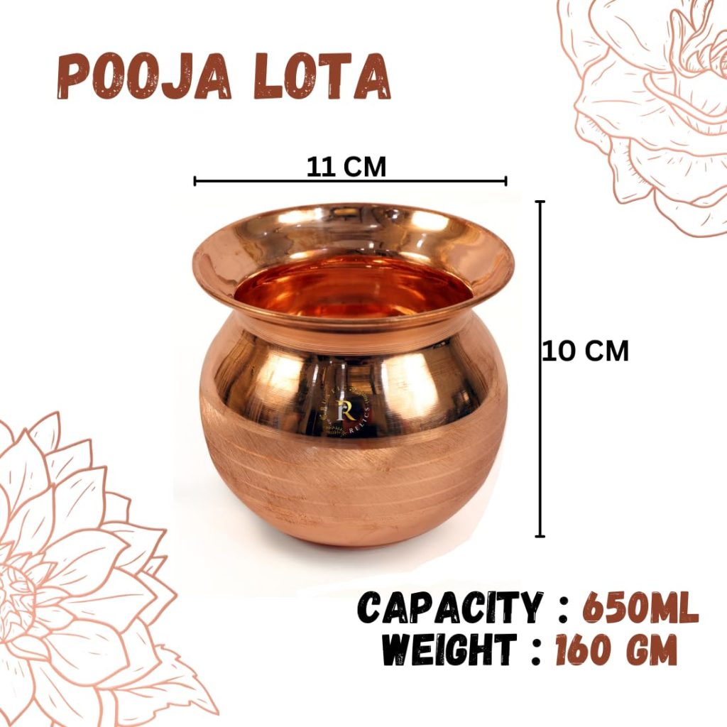 RUSTIC RELICS Pure Copper Pooja Lota 650ml Traditional Indian Water Pot