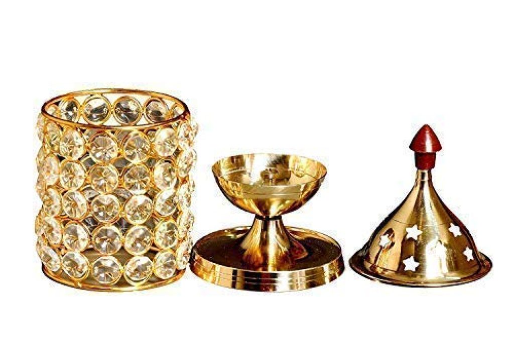 Radiyent Metal Crystal Decorative Brass Oil Lamp Diya for Puja and Festival Decoration (18Cm Height x 8.5Cm Width and 70 Crystals)