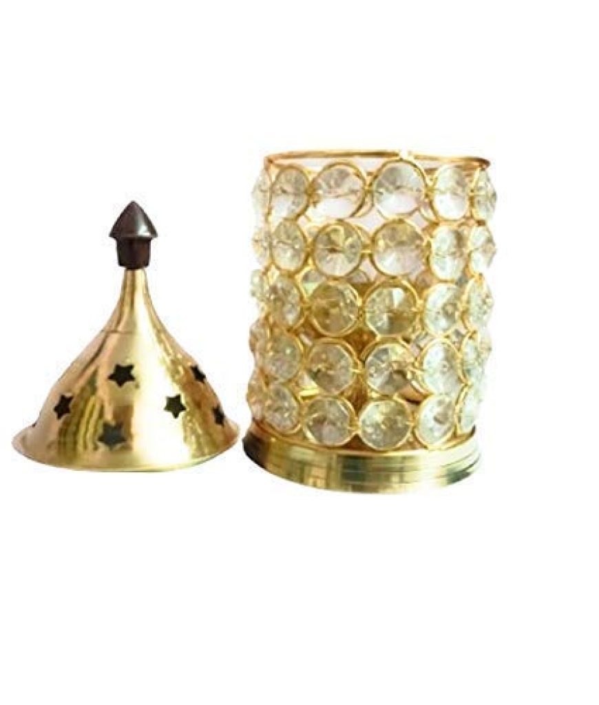  Radiyent Metal Crystal Decorative Brass Oil Lamp Diya for Puja and Festival Decoration (18Cm Height x 8.5Cm Width and 70 Crystals) 