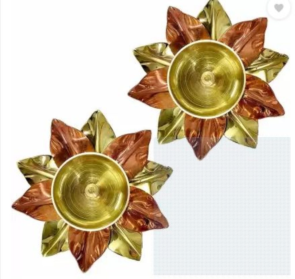 Satvik 2 Pc Large Brass Copper Lotus Flower Petals Kamal Shape Metal Akand Puja Diya Brass