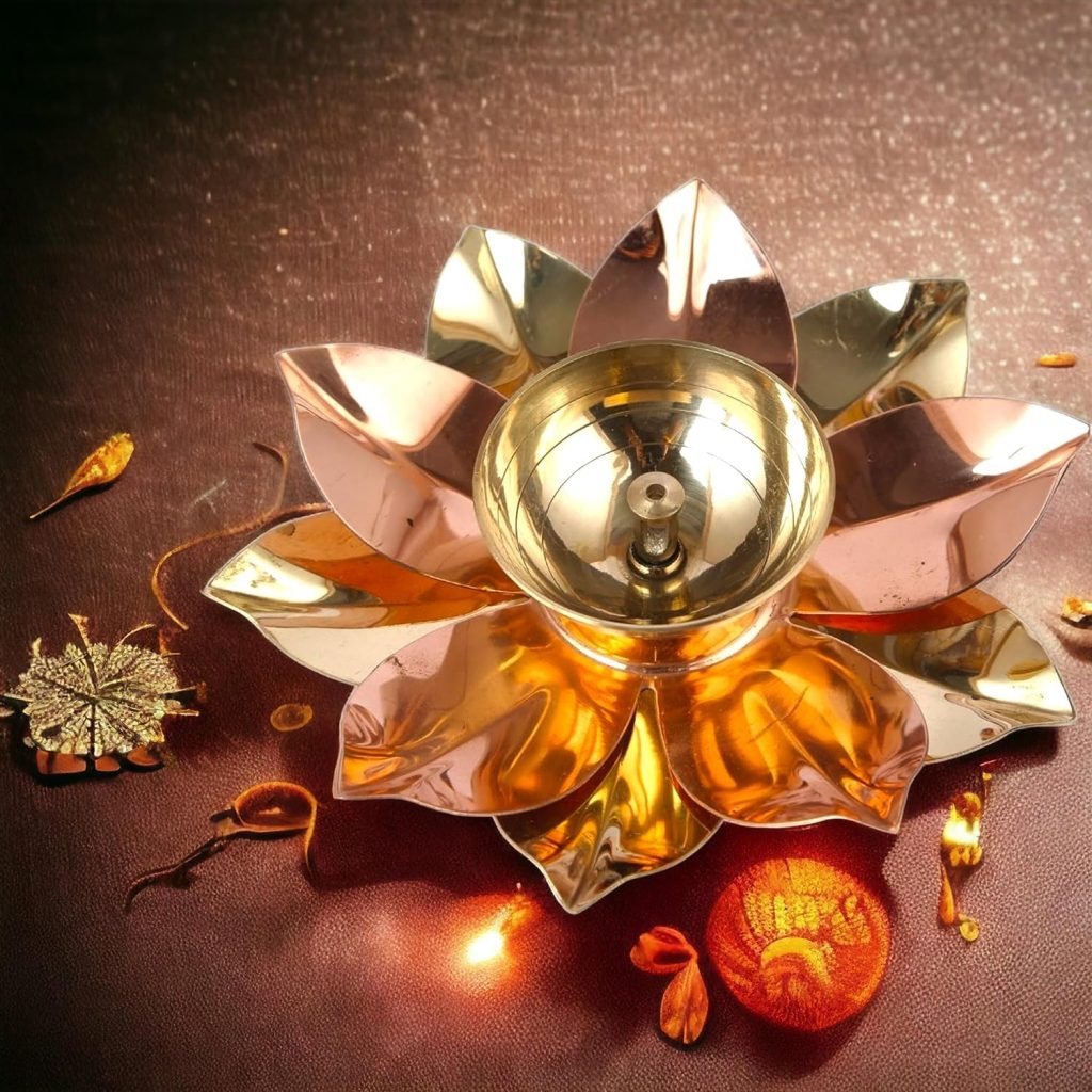 True Decor 5 Inch Copper Kamal Diya for Puja Lotus Brass Diya Deepak for Diwali Pack of 2