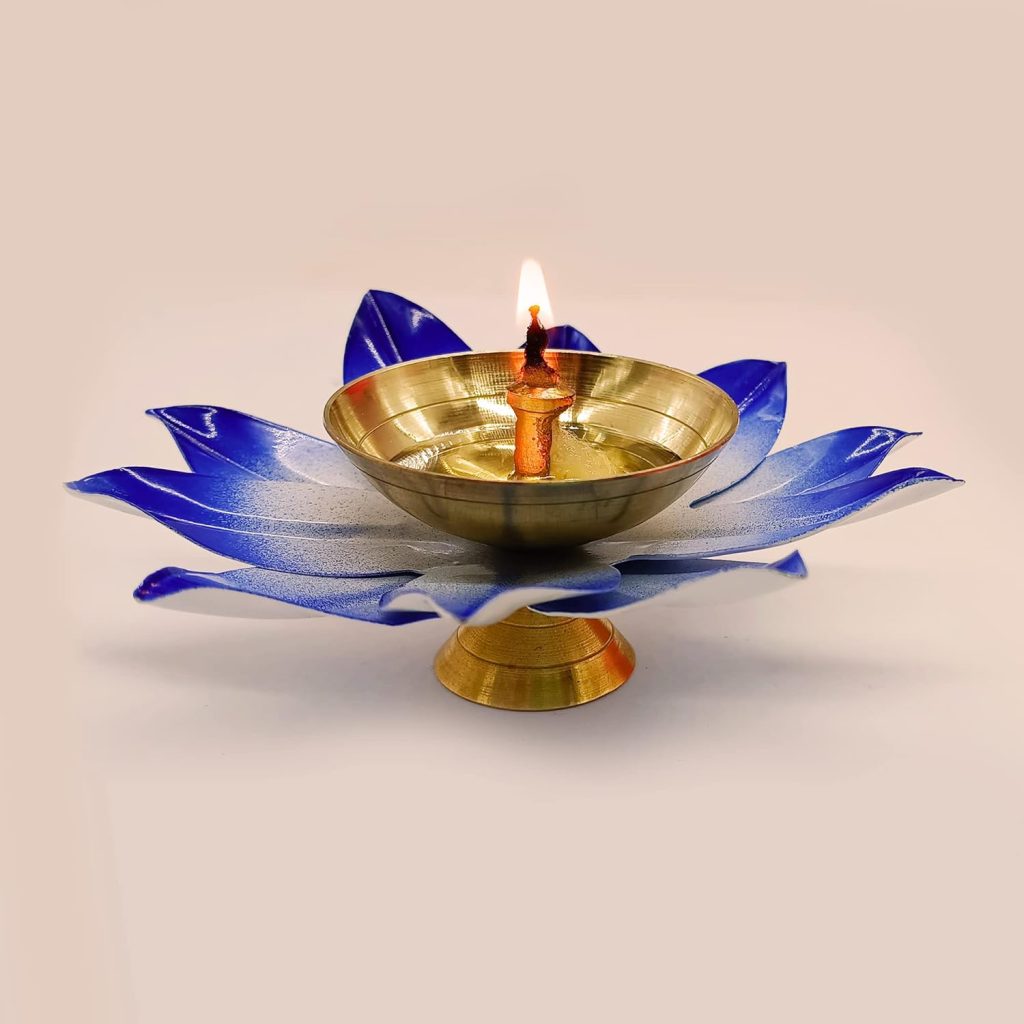  Vintageware Brass and Metal Lotus Shape Deepak Akhand Diya for Puja Arti in Home and Office (Blue, Small Set of 24) 