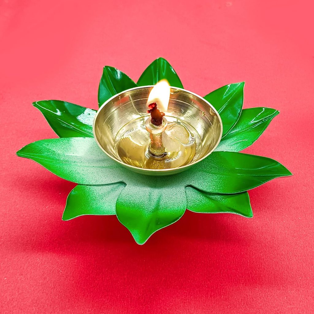  Vintageware Brass and Metal Lotus Shape Deepak Akhand Diya for Puja Arti in Home and Office (Green, Small Set of 16) 