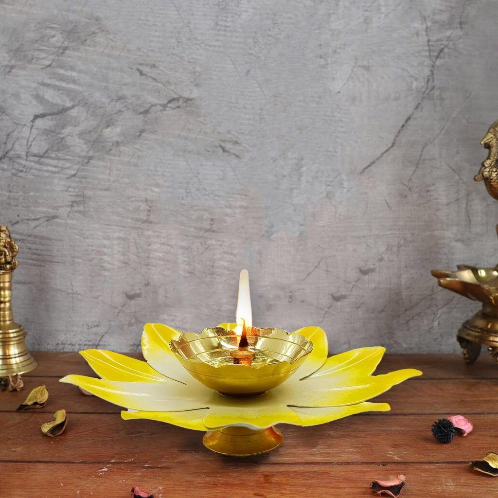 Vintageware Brass and Metal Lotus Shape Deepak Akhand Diya for Puja Arti in Home and Office (Yellow, Large Set of 6) 