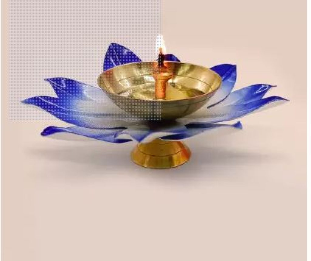 Vintageware Metal Lotus Shape Diya for Puja Arti in Home (Blue, Small Set of 12) Brass